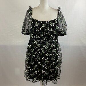 Lulu's Dress 1X Black Green Pink Floral Embroidered Sheer Off Shoulder Puff